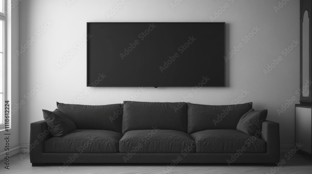 Modern minimalist living room interior with dark grey sofa and large blank screen TV on wall. Modern minimalist living room interior with dark grey sofa and large blank screen TV on wall.