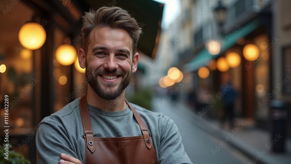 Fototapeta premium Happy Barber Standing Proudly in Front of Stylish New Barbershop