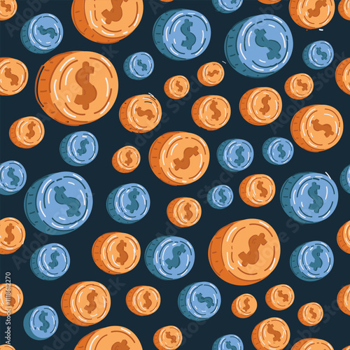 Cartoon vector illustration of pattern scales of gold coins on dark