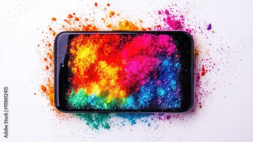 A vibrant smartphone surrounded by colorful powdered pigments, showcasing a striking interplay of technology and art.