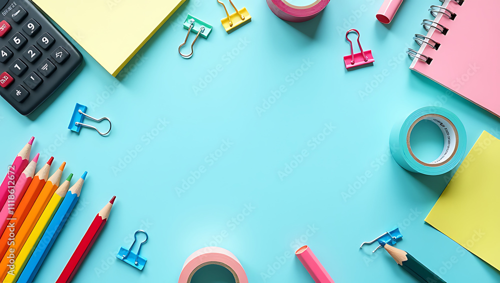 School supplies are arranged on a light blue background, including pencils, calculators, binder clips, sticky notes, and washi tape._00001_ School supplies are arranged on a light blue background, including pencils, calculators, binder clips, sticky notes, and washi tape._00001_