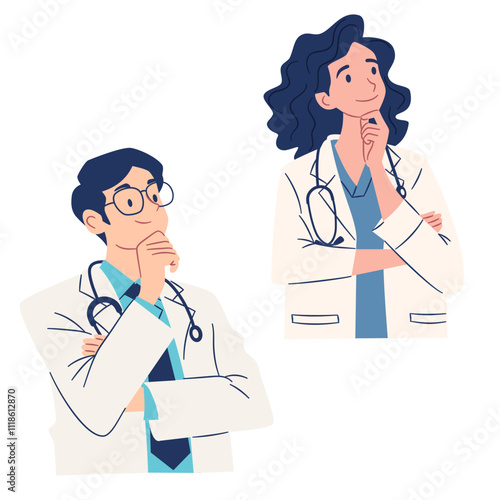 A set of flat vector illustrations in a simple style. Doctors man and woman in a pensive pose, problem solving, reflections. Vector illustration