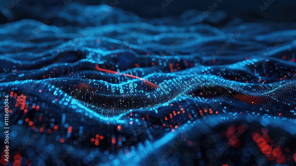 A digital landscape made up of glowing red and blue dots that form wavy A digital landscape made up of glowing red and blue dots that form wavy