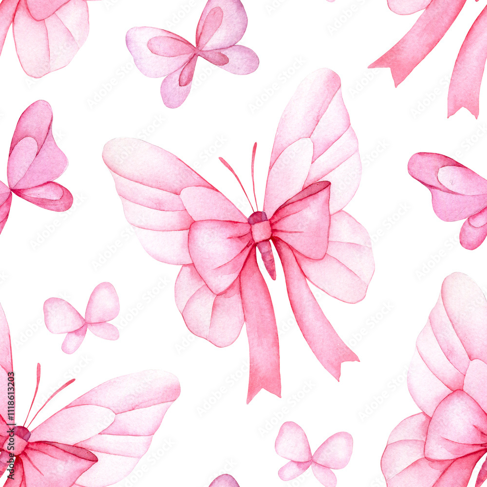 watercolor seamless pattern with butterflies with pink bows and ribbons. festive print on white background watercolor seamless pattern with butterflies with pink bows and ribbons. festive print on white background