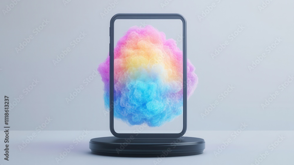 Fototapeta premium A sleek smartphone levitates above a base, surrounded by colorful, swirling smoke, creating a vibrant and modern visual effect.