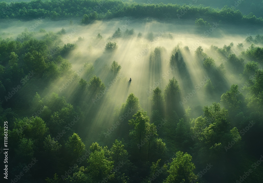 Enchanting Misty Forest with Rays of Sunlight Piercing Through Green Tree Canopy at Dawn, Capturing Nature's Serene Beauty and Tranquility in Vibrant Landscape Enchanting Misty Forest with Rays of Sunlight Piercing Through Green Tree Canopy at Dawn, Capturing Nature's Serene Beauty and Tranquility in Vibrant Landscape
