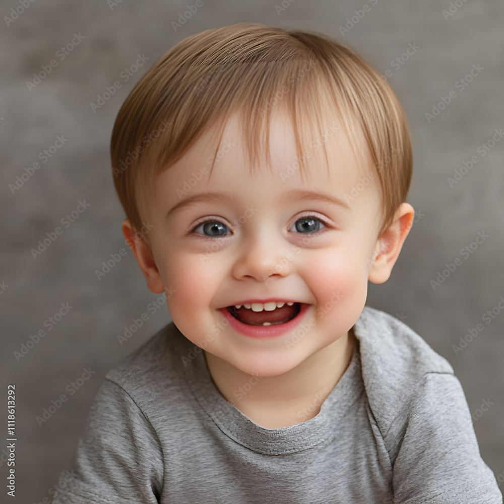 Cute smiling toddler with light brown hair and blue eyes, wearing a gray shirt, copy space Cute smiling toddler with light brown hair and blue eyes, wearing a gray shirt, copy space