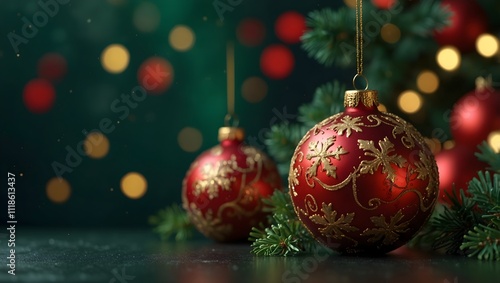 Red Christmas ornaments with gold designs, on a dark surface, with greenery and lights.