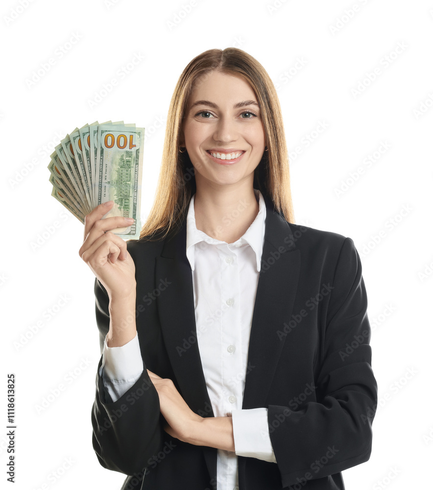 Portrait of banker with dollar banknotes on white background Portrait of banker with dollar banknotes on white background