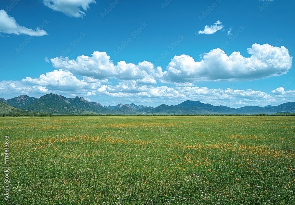 Expansive Green Meadow Surrounded by Majestic Mountains Under a Bright Blue Sky with Fluffy Clouds in a Picturesque Landscape Ideal for Nature Lovers Expansive Green Meadow Surrounded by Majestic Mountains Under a Bright Blue Sky with Fluffy Clouds in a Picturesque Landscape Ideal for Nature Lovers