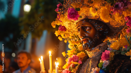 Day of San Juan Bosco, religious procession with the statue of San Juan Bosco decorated with fresh flowers, Ai generated images