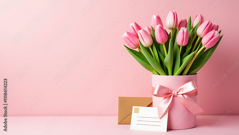Pastel pink background features a bouquet of pink tulips in a gift box, tied with a ribbon bow, and an envelope with a postcard nearby._00001_ Pastel pink background features a bouquet of pink tulips in a gift box, tied with a ribbon bow, and an envelope with a postcard nearby._00001_