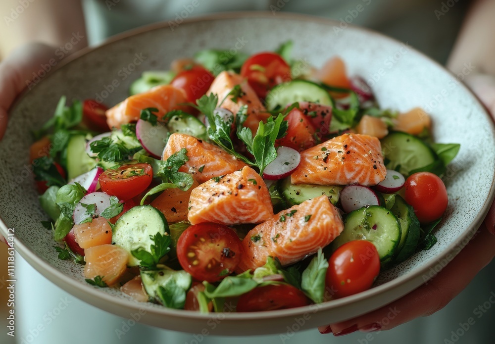 Fresh and Colorful Salmon Salad with Cherry Tomatoes, Cucumbers, and Mixed Greens in a Rustic Bowl Perfect for Healthy Eating and Culinary Photography Fresh and Colorful Salmon Salad with Cherry Tomatoes, Cucumbers, and Mixed Greens in a Rustic Bowl Perfect for Healthy Eating and Culinary Photography