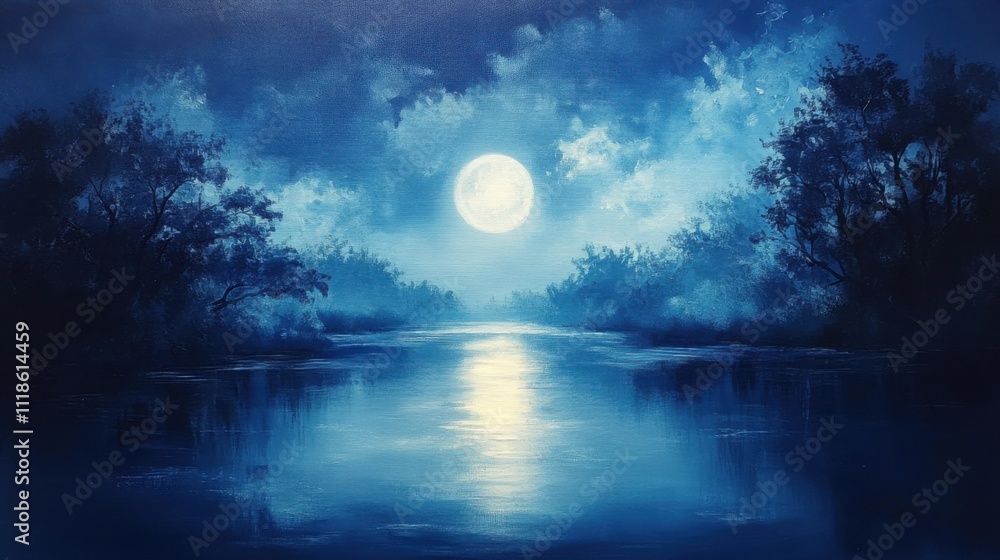 Mystical night landscape with full moon reflection Mystical night landscape with full moon reflection