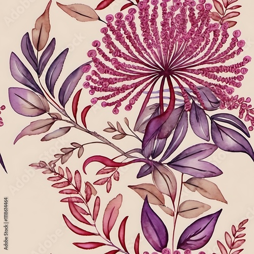 Pink and Purple Watercolor Floral Pattern: This intricate and elegant seamless pattern showcases a captivating blend of pink and purple watercolor flowers and foliage.