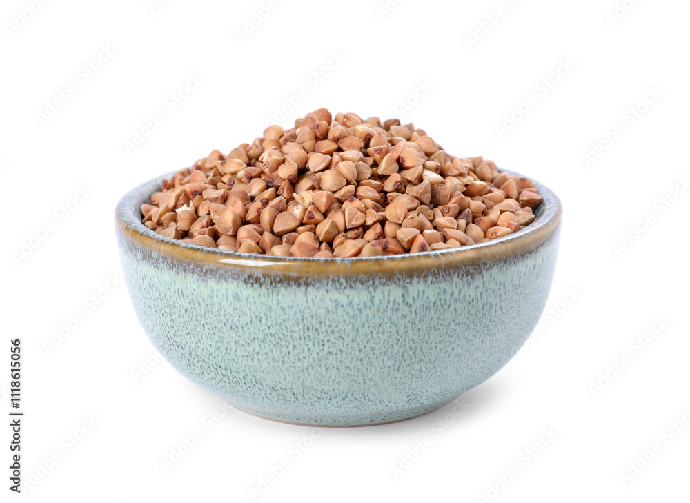 Raw buckwheat in bowl isolated on white Raw buckwheat in bowl isolated on white