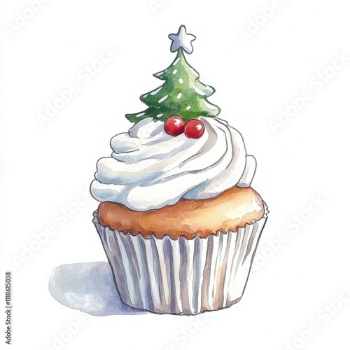 Festive watercolor cupcake with holiday decorations kitchen illustration cheerful atmosphere close-up sweet treat delight