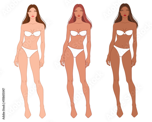 Eight-head fashion figure template. The female fashion croquis. Vector illustration of a young woman wearing lingerie, isolated on a white background.