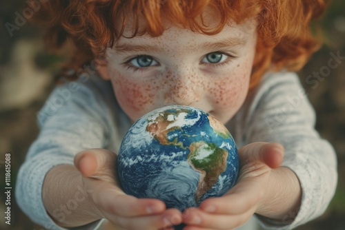 A child's hands, adorned with watercolor paint, gently hold the Earth, representing the future of education, ecological awareness, and sustainability on Earth Day.
 photo