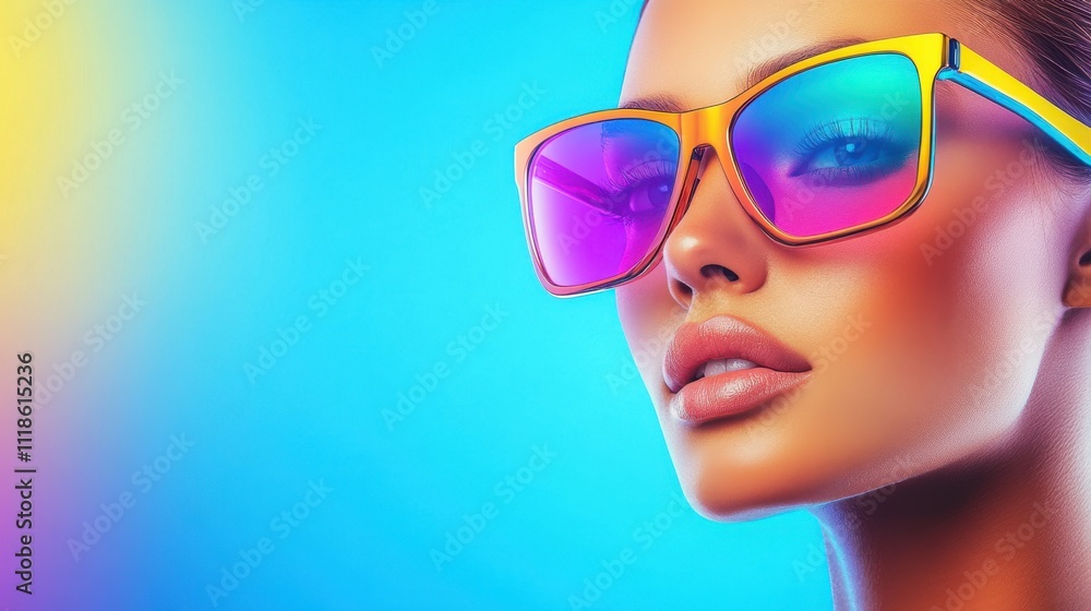 Vibrant outdoor portrait of a woman wearing stylish colorful sunglasses against a bright gradient background showcasing a summer aesthetic Vibrant outdoor portrait of a woman wearing stylish colorful sunglasses against a bright gradient background showcasing a summer aesthetic