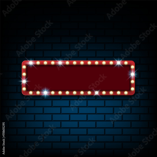 Red blank frame with light bulb on dark blue brick wall background, cinema or casino billboard, vector illustration