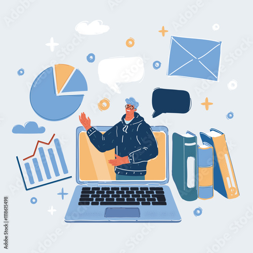 Cartoon vector illustration of Learning online. Teacher or lector, Man on laptop screen.