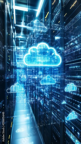 Cloud Computing Server Room: Futuristic digital cloud icons float in a modern server room, symbolizing data storage, processing, and the power of cloud technology.  