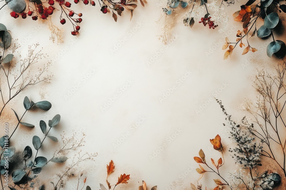 Beautiful arrangement of dried flowers and leaves creating a natural frame on a soft, neutral background at a cozy interior setting Beautiful arrangement of dried flowers and leaves creating a natural frame on a soft, neutral background at a cozy interior setting