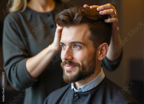 Female barber styling hair of male customer in barbershop