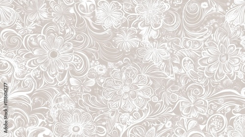 Elegant, light beige background with a repeating pattern of white floral designs and swirls.