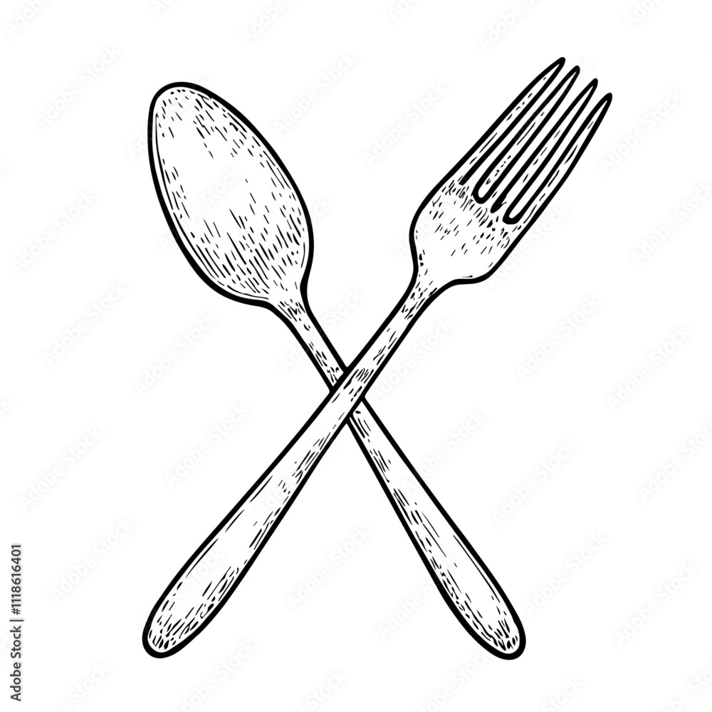 Spoon and Fork, Hand-Drawn Vector, Graphic Style, Cartoon Illustration, Black and White, Sketch Style, Isolated on White Background Spoon and Fork, Hand-Drawn Vector, Graphic Style, Cartoon Illustration, Black and White, Sketch Style, Isolated on White Background
