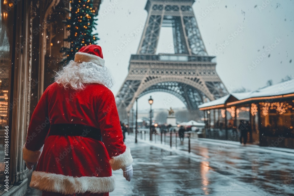 A portrait of Santa Claus walking through Paris. A portrait of Santa Claus walking through Paris.