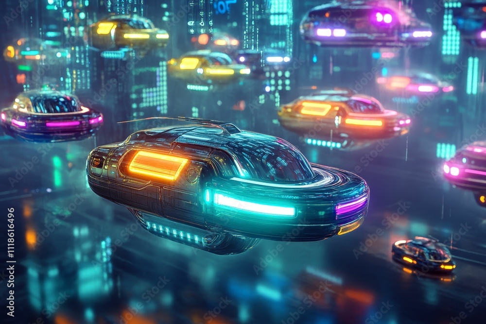 Futuristic vehicles fly, glowing neon city. Futuristic vehicles fly, glowing neon city.