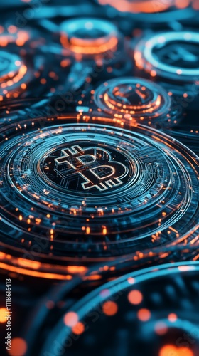 Wallpaper Mural Digital Bitcoin: An intricately designed, futuristic image of a Bitcoin symbol, glowing with an electric blue and orange aura, against a backdrop of a complex digital network. Torontodigital.ca