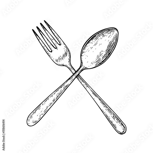 Spoon and Fork, Hand-Drawn Vector, Graphic Style, Cartoon Illustration, Black and White, Sketch Style, Isolated on White Background