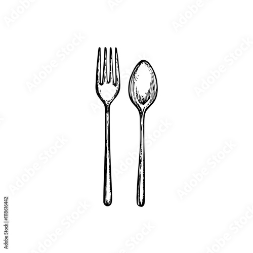 Spoon and Fork, Hand-Drawn Vector, Graphic Style, Cartoon Illustration, Black and White, Sketch Style, Isolated on White Background