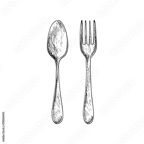 Spoon and Fork, Hand-Drawn Vector, Graphic Style, Cartoon Illustration, Black and White, Sketch Style, Isolated on White Background
