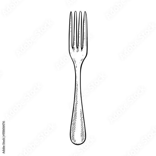 Fork, Hand-Drawn Vector, Graphic Style, Cartoon Illustration, Black and White, Sketch Style, Isolated on White Background