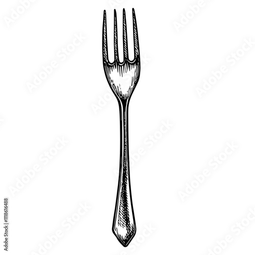 Fork, Hand-Drawn Vector, Graphic Style, Cartoon Illustration, Black and White, Sketch Style, Isolated on White Background