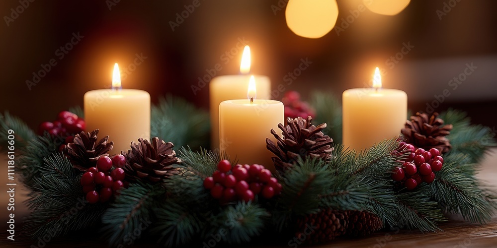Elegant candle arrangement with pinecones and berries creating a warm, festive atmosphere during the holiday season Elegant candle arrangement with pinecones and berries creating a warm, festive atmosphere during the holiday season