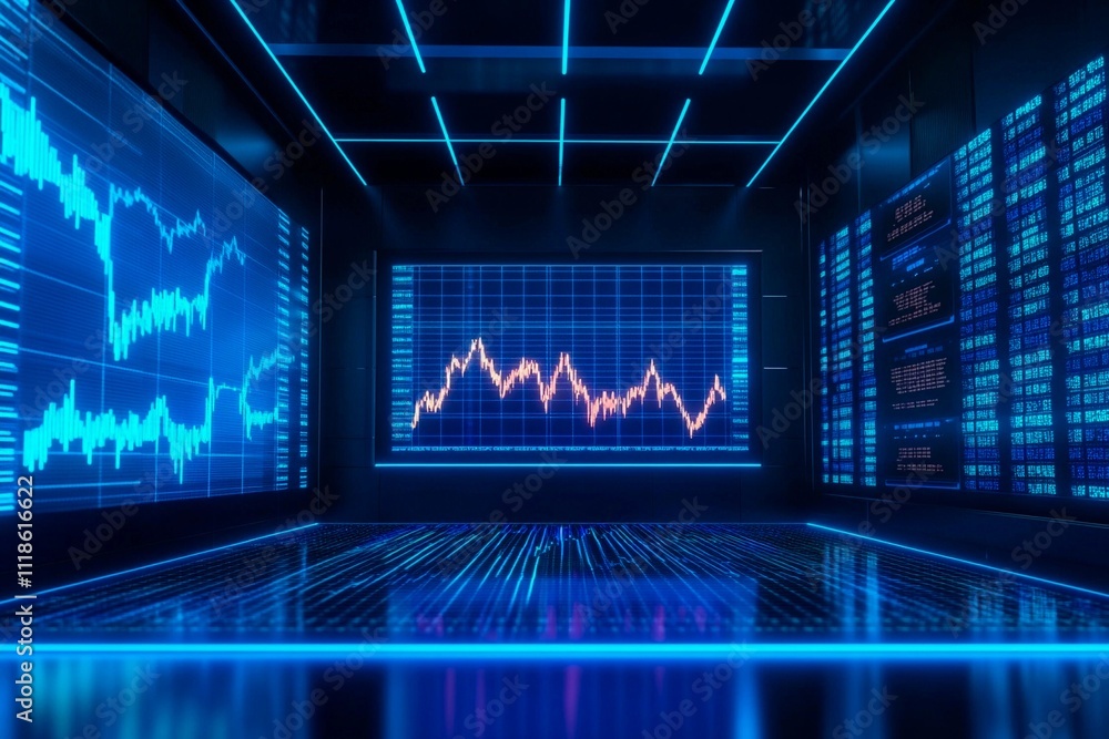 Dynamic financial data displayed in a futuristic trading room environment. Generative AI Dynamic financial data displayed in a futuristic trading room environment. Generative AI