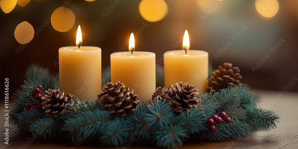 Warm candles glowing on a festive table arrangement with pinecones and evergreen foliage during a cozy winter evening celebration Warm candles glowing on a festive table arrangement with pinecones and evergreen foliage during a cozy winter evening celebration