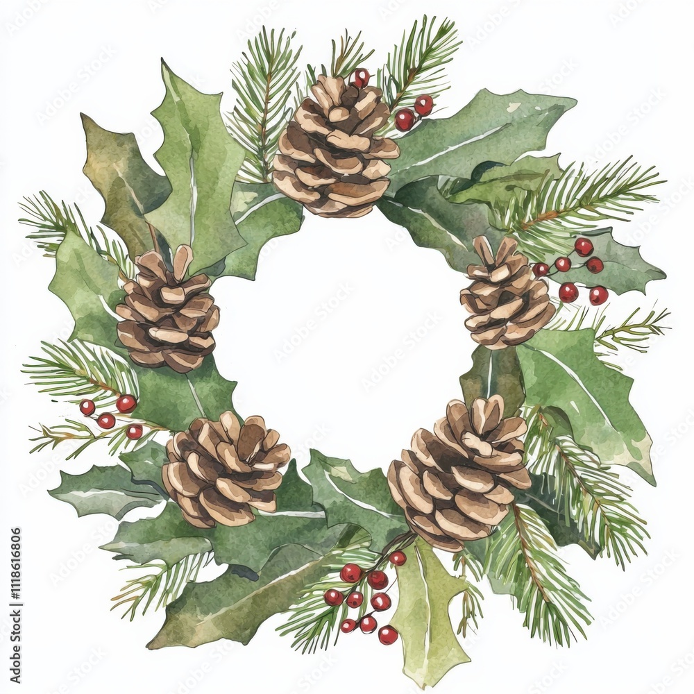 Fototapeta premium Watercolor holiday wreath design winter festivities decorative art home environment close-up view seasonal cheer