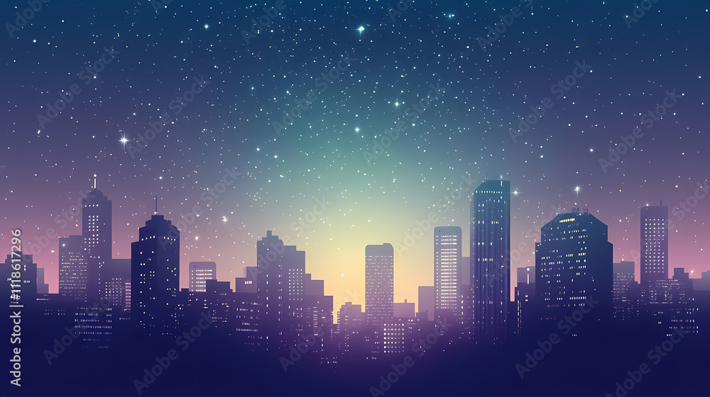 Skyscrapers against a clear starry sky, city lights glowing brightly, wide-angle perspective, dynamic and breathtaking scene. Stellar. Illustration Skyscrapers against a clear starry sky, city lights glowing brightly, wide-angle perspective, dynamic and breathtaking scene. Stellar. Illustration