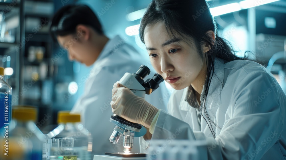 Asian female scientist analyzing petri dish samples under a microscope in a state-of-the-art pharmaceutical lab. Colleagues working on biotech research Asian female scientist analyzing petri dish samples under a microscope in a state-of-the-art pharmaceutical lab. Colleagues working on biotech research