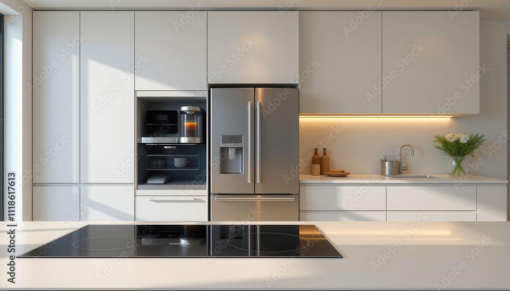 Modern kitchen interior with sleek cabinetry, stainless steel appliances, and large windows overlooking a serene view