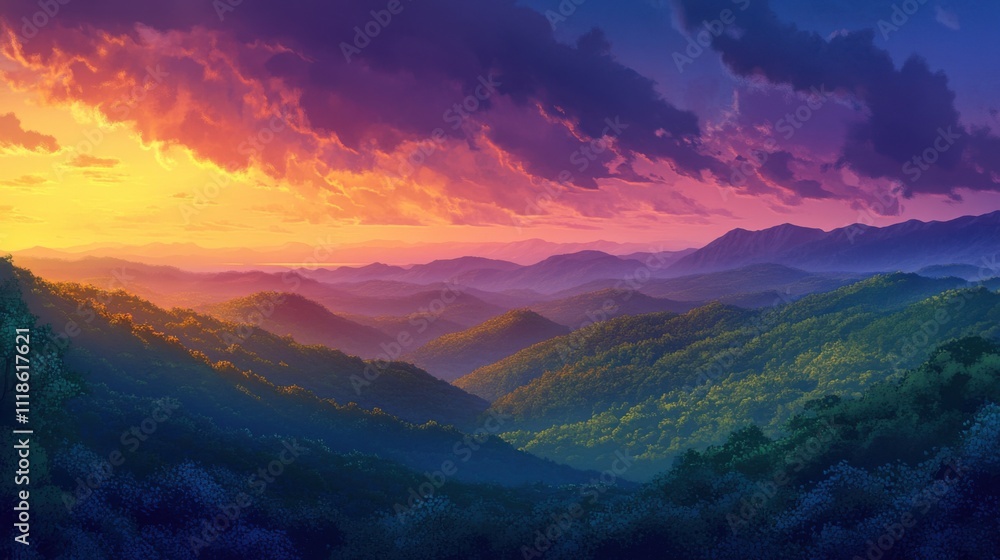 Serene sunset over rolling hills and forests Serene sunset over rolling hills and forests