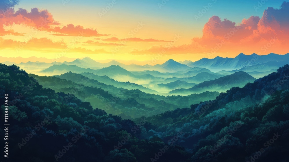 Serene sunset over rolling hills and forests Serene sunset over rolling hills and forests