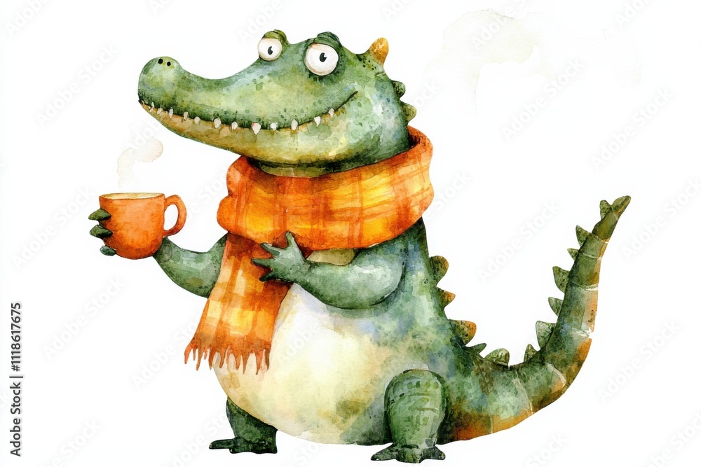 Fototapeta premium Cheerful alligator sipping coffee, cozy , watercolor illustration, warm atmosphere, playful concept