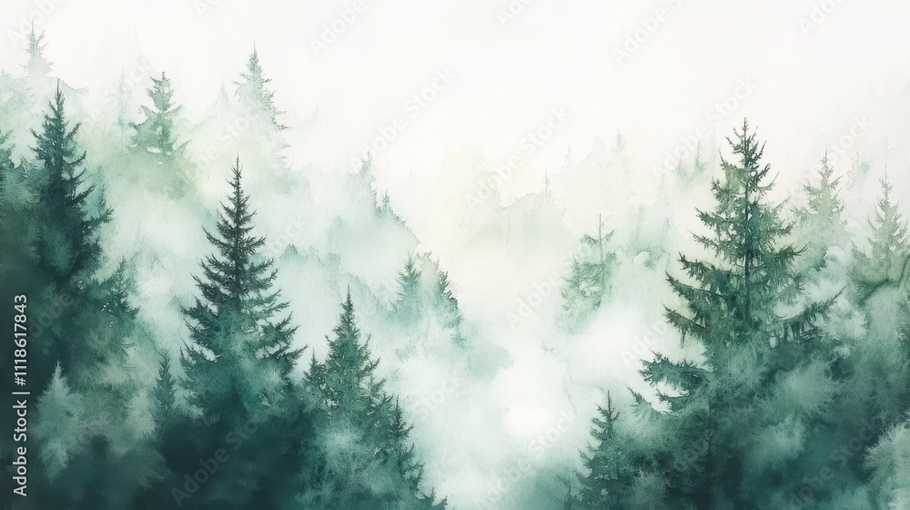 Fototapeta premium Serene watercolor landscape with pine trees